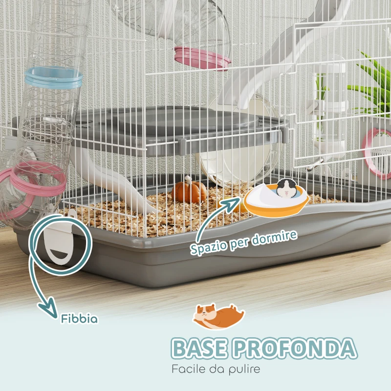 PawHut Gabbia per Criceti a 3 Livelli e 14 Tubi con Casetta, Rampa, e Accessori, in Metallo e Plastica, 45x30x45 cm, Grigio