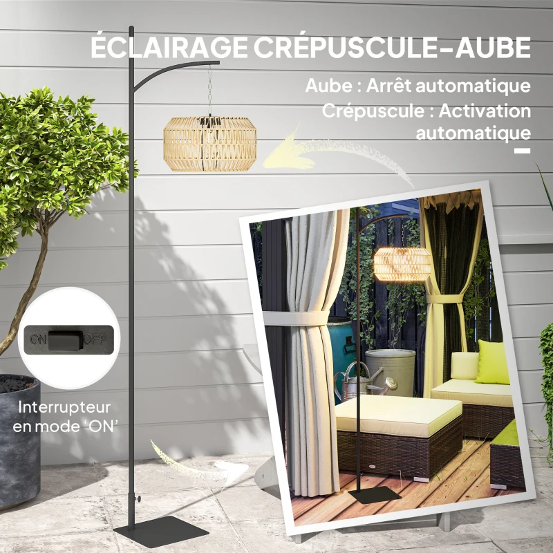 Outsunny Lampadaire solaire extérieur résine tressée, lampadaire bohème 178cm, capteur de lumière, éclairage automatique, jaune