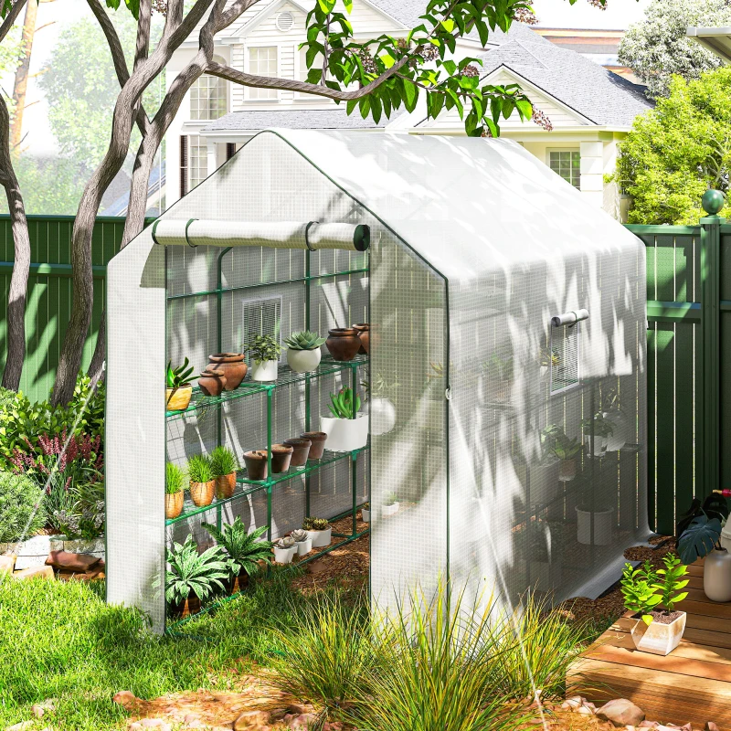 Outsunny Invernadero de Exterior con 12 Estantes Puerta Enrollable Cubierta de PE y Marco de Acero 140x213x190 cm Blanco
