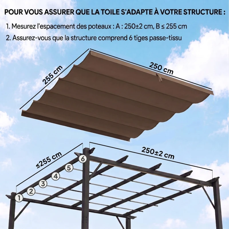 Outsunny Toile de toit pour pergola tonnelle rétractable de 3 x 3 m - toile uniquement 250 x 255 cm café
