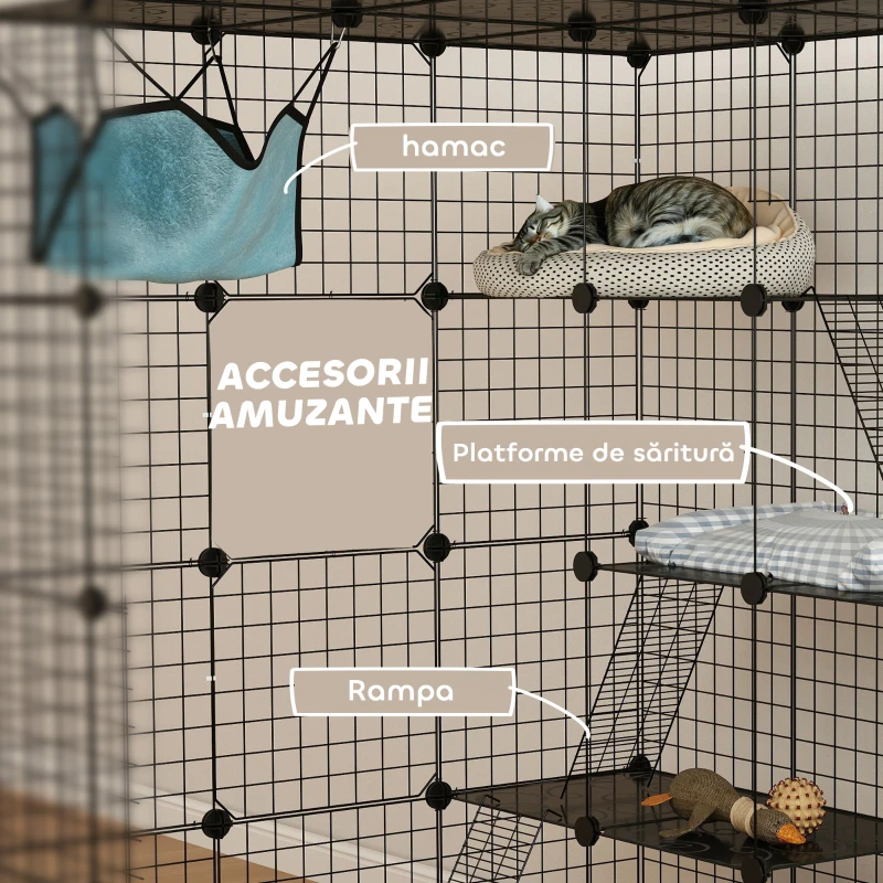 PawHut Cușcă Modulară pentru Pisici cu 4 Niveluri, cu Platforme, Rampe și 5 Uși, din Oțel și PP, 105x105x140 cm, Negru
