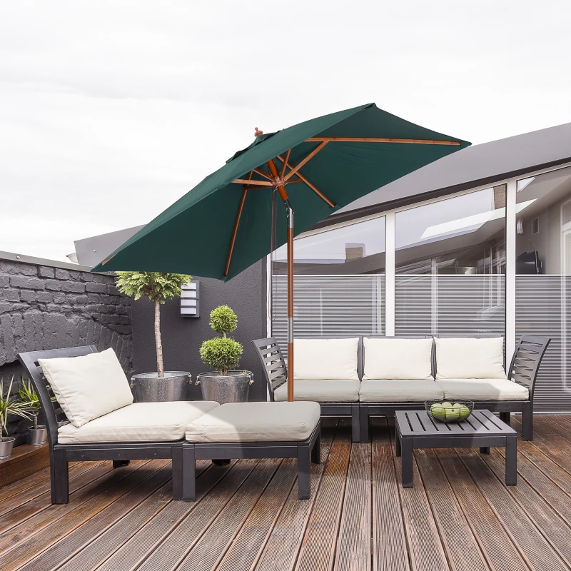Outsunny Ombrellone da Giardino 2x1.5 m Inclinabile a 6 Stecche con Palo in Legno e Apertura a Corda, Verde
