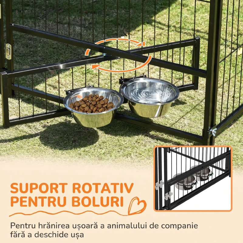 PawHut Țarc pentru câini din metal și material Oxford cu ușiță pentru boluri, 141x141x151 cm, negru și maro(m-6)