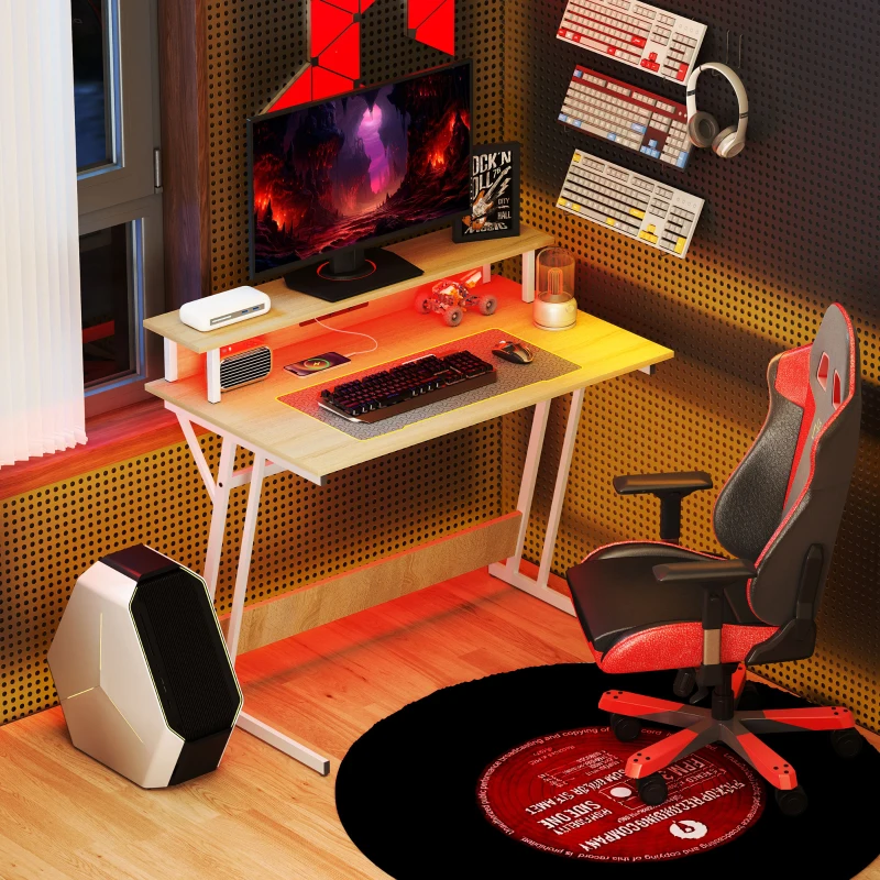 HOMCOM Escritorio Gaming con Luces LED 100x60 cm omas de Corriente Soporte para Monitor Estantes y Control Remoto Natural