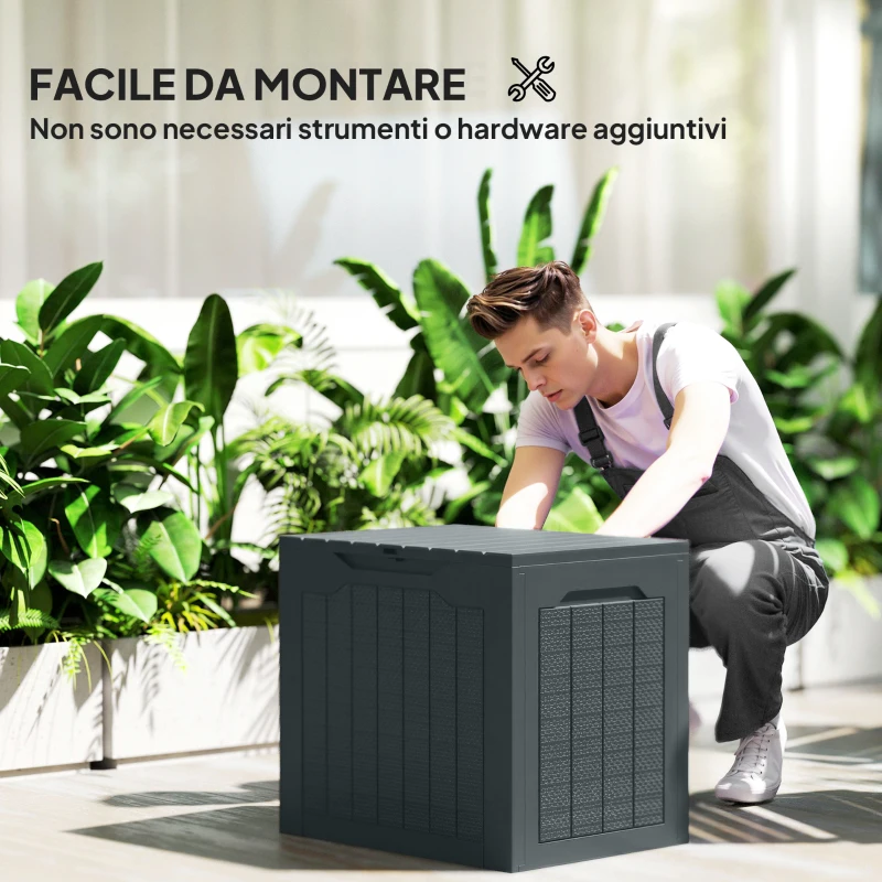 Outsunny Baule da Giardino con Maniglie, Contenitore Porta Attrezzi Impermeabile, 56x41x50 cm, Grigio Scuro