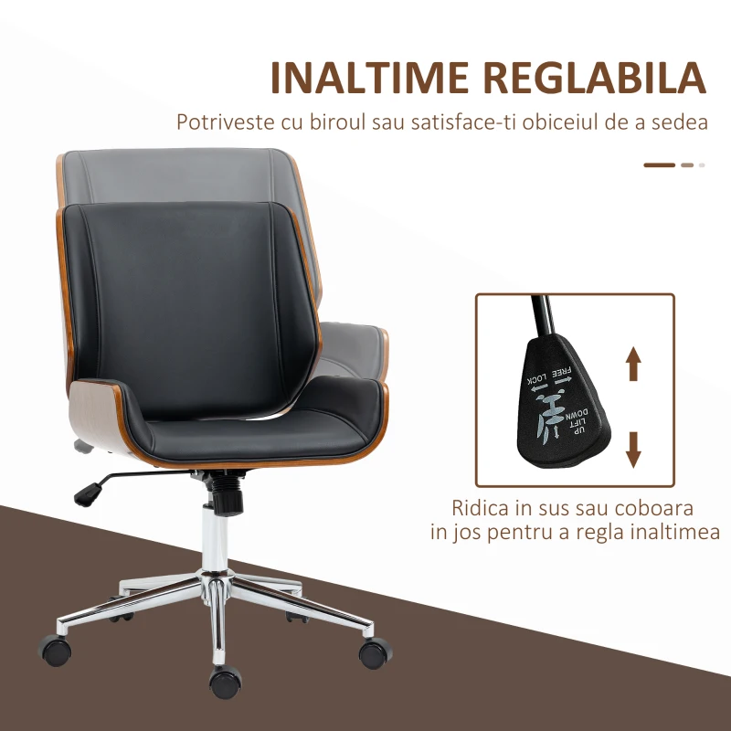 Vinsetto Scaun de Birou Vintage Tapițat, din Piele Ecologică, Lemn și Oțel, 53x60x86-96 cm, Negru și Maro Închis