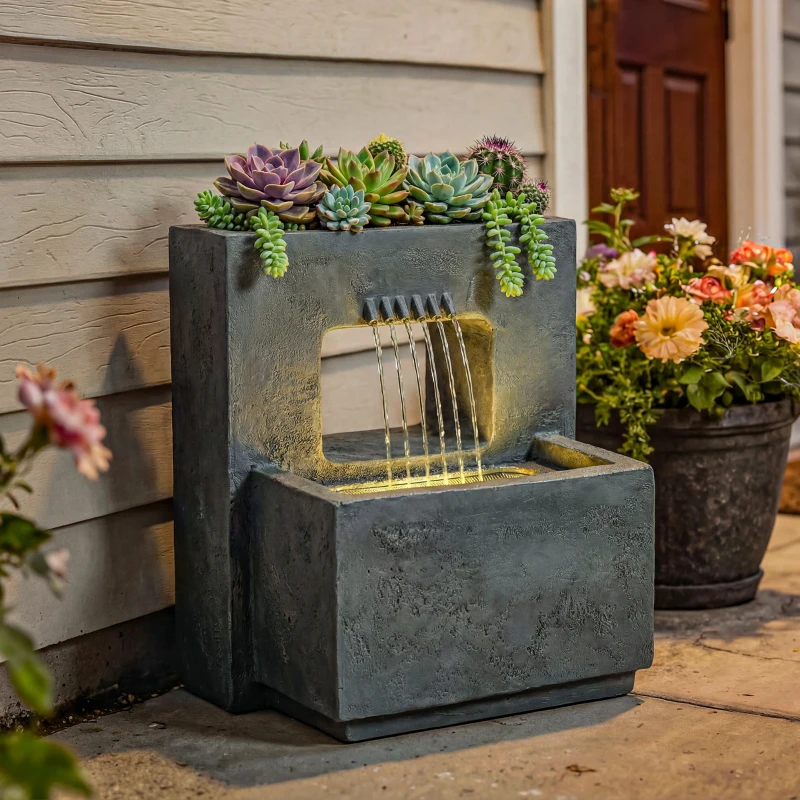 Outsunny Springbrunnen 2-stufig Gartenbrunnen mit LED Beleuchtung Pflanzkübel Pumpe Steinoptik, Verstellbar 45 x 31,5 x 58,5 cm