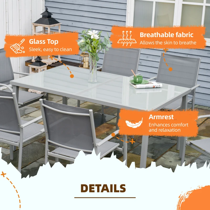 Outsunny 7 Piece Garden Dining Set - Outdoor Table and 6 Stackable Chairs with Steel Frame, Tempered Glass Top Table, and Mesh Seats, Grey