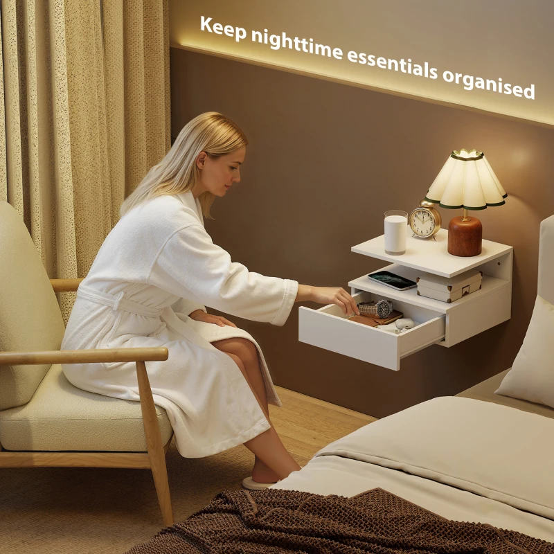 HOMCOM Set of Two Floating Bedside Tables - White