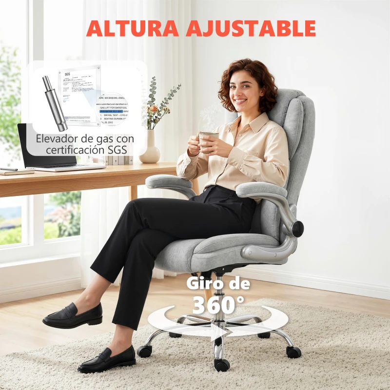 HOMCOM Silla de escritorio Ergonómica con Respaldo Alto Reposabrazos Abatibles Asiento con Muelles Altura Ajustable Crema