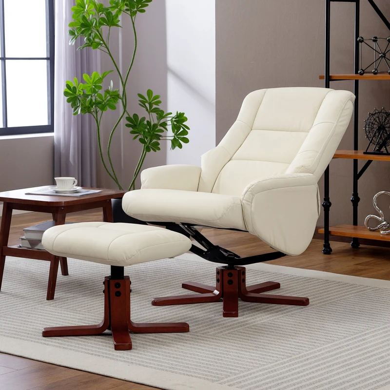 HOMCOM Rocking Recliner Chair with Footstool, PU Leather Recliner Armchair with Wood Base, Upholstered Reclining Chair for Living Room Bedroom, Cream