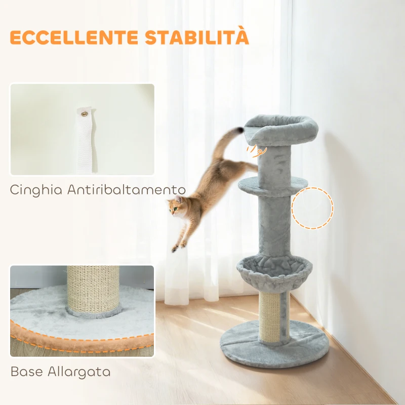 PawHut Albero Tiragraffi per Gatti Alto 103.5 cm con Lettino e Amaca, Rivestimento in Peluche, Grigio Chiaro