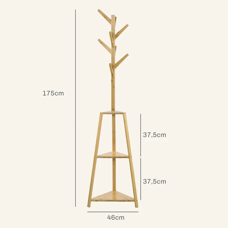 HOMCOM Cabide de pé em bambu suporte para roupas 8 ganchos 3 prateleiras 46 x 46 x 175 cm natural