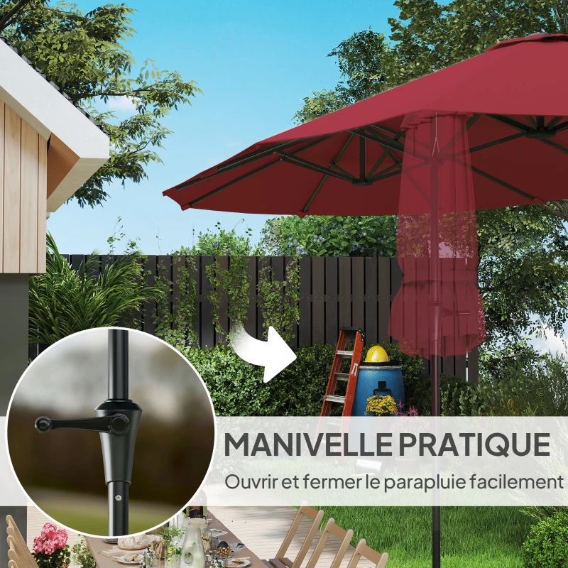Outsunny Parasol de jardin extérieur, parasol double rectangulaire 4 x 2,2 x 2,3m avec ouverture fermeture manivelle rouge vineux