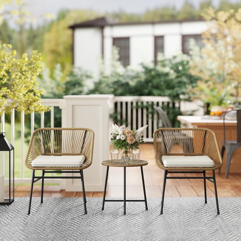 Outsunny Set de Grădină 3 Piese din Ratan PE și Oțel cu 2 Scaune cu Perne și Masă Rotundă, Multicolor