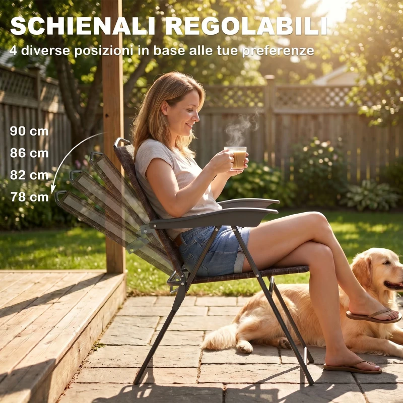 Outsunny Tavolino con 2 Sedie Set Mobili 3pz Pieghevole Regolabile Esterno Textilene Marrone