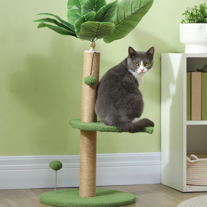 PawHut Árbol Rascador para Gatos 83 cm con Hojas Artificiales, Poste de Yute, Plataformas de Felpa, 2 Juguetes de Bolas, Verde