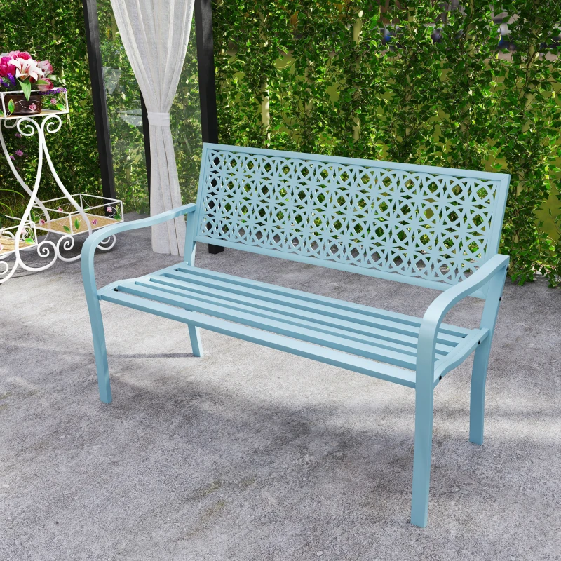 Outsunny Banc de jardin 2 places, banc extérieur jardin en acier avec dossier ajouré, 127 x 63 x 85 cm, bleu