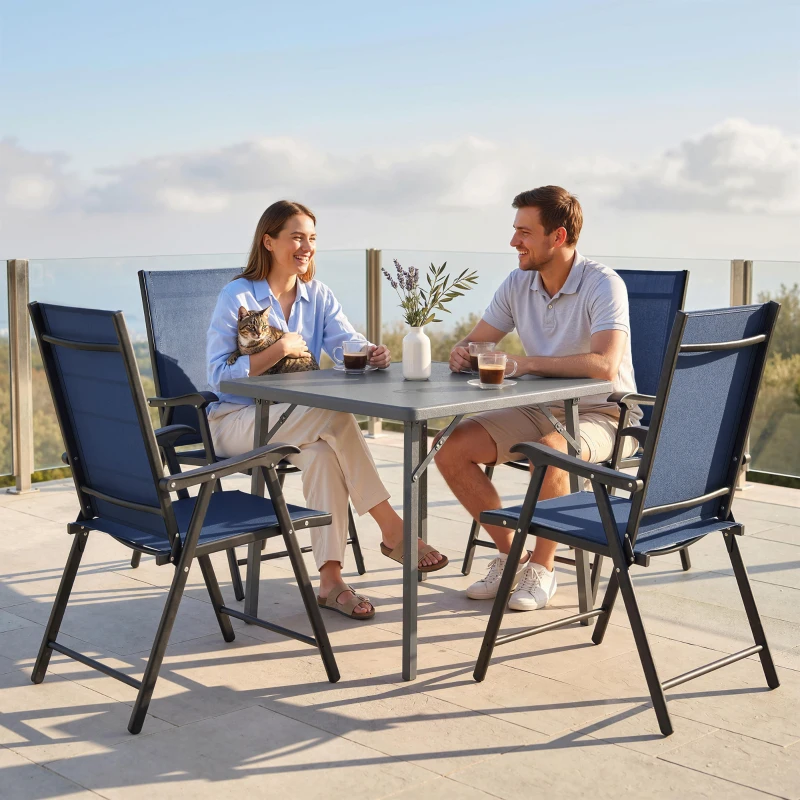 Outsunny Folding Garden Chairs Set of 4, Foldable Garden Dining Chairs with High Back, Armrests, Texteline Seat, Navy Blue