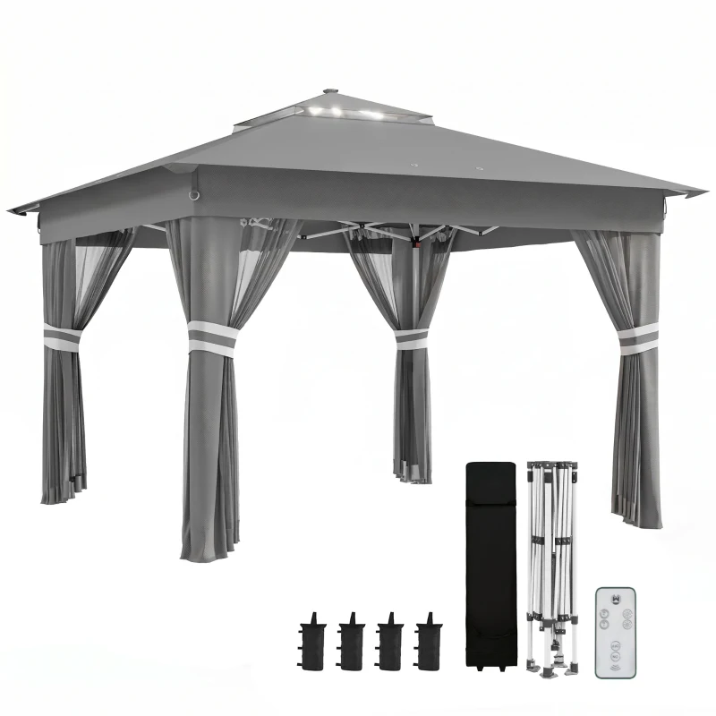 Outsunny Pavilion de Grădină cu Înălțime Reglabilă și Lumină LED, din Oțel și Țesătură Oxford, 336x336x250-270 cm, Gri