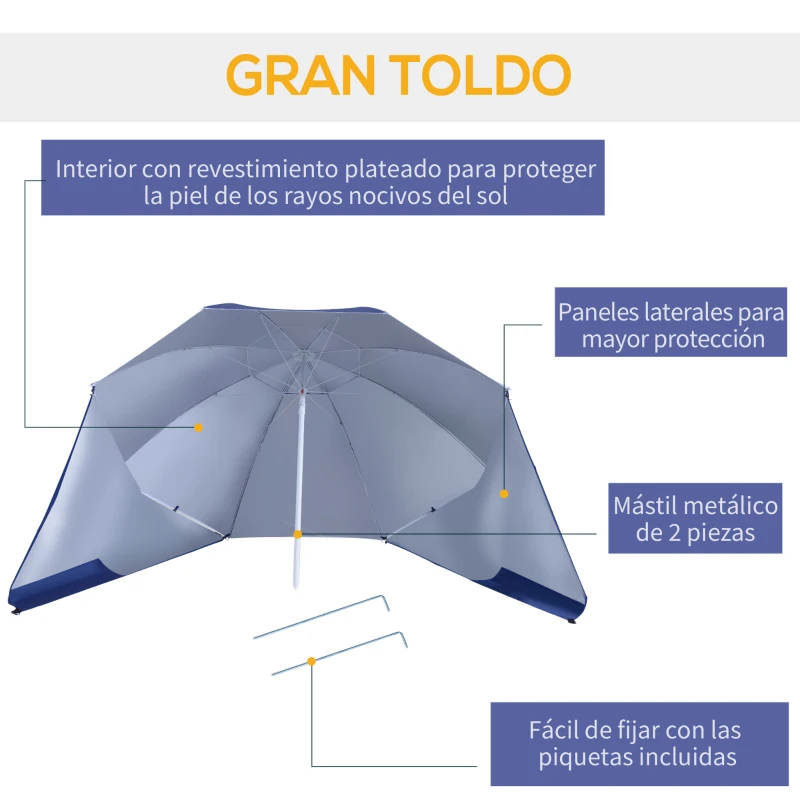Outsunny Parasol para Playa 2 en 1 con 2 Paneles Laterales Toldo Portátil Anti-UV con Bolsa de Transporte Ø210x222cm Azul