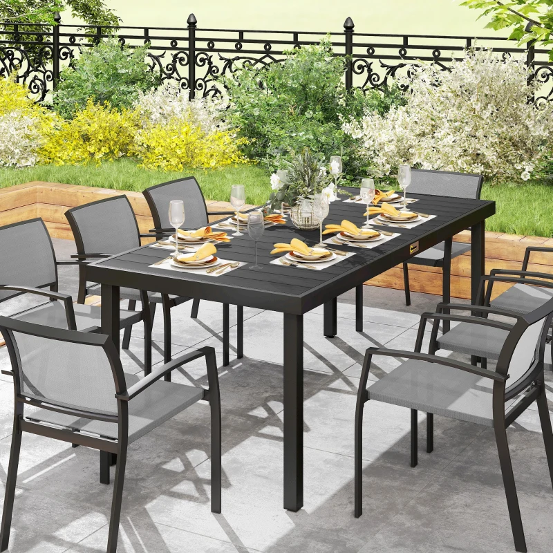 Outsunny Aluminium Outdoor Garden Dining Table for 8 People, Faux Wood Top, for Garden, Patio, 190 x 90 x 74cm, Black