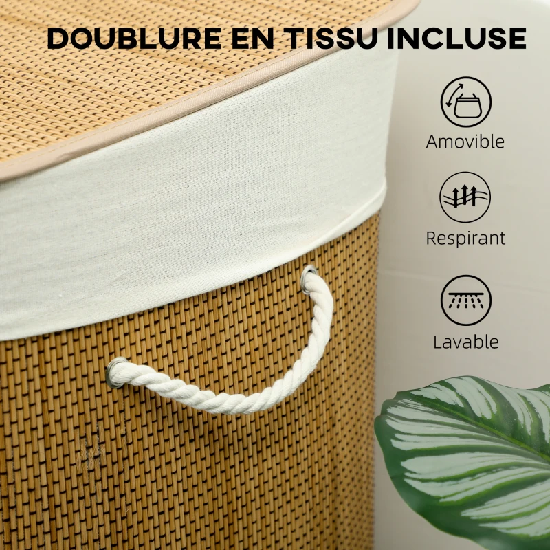 HOMCOM Panier à linge à trois compartiments avec couvercle, panier à linge en bambou 144 L avec poignées en corde