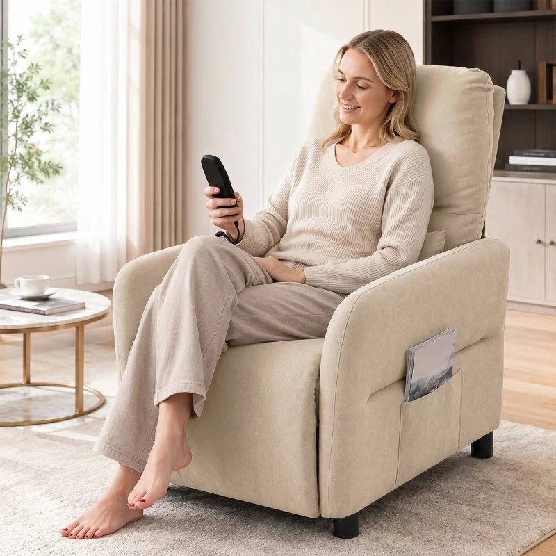HOMCOM Fotoliu relax cu masaj & încălzire, funcție de înclinare, 2 buzunare laterale și suport pentru picioare extensibil, Bej