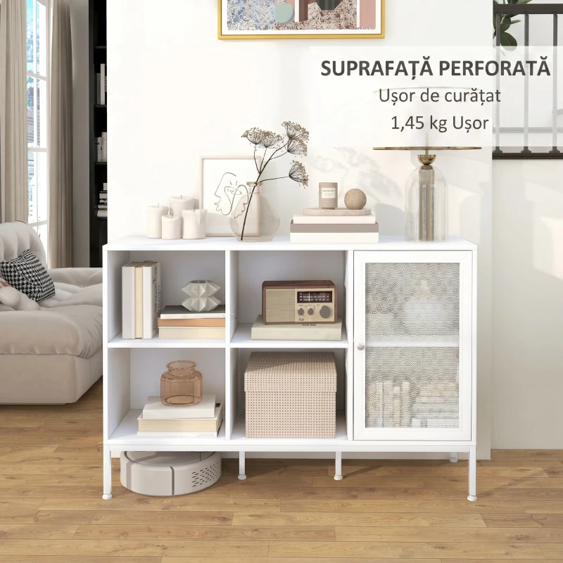 HOMCOM Bufet Mobil cu 4 Rafturi Deschise și Dulap, din PAL și Oțel, 120x37x81.5 cm, Alb