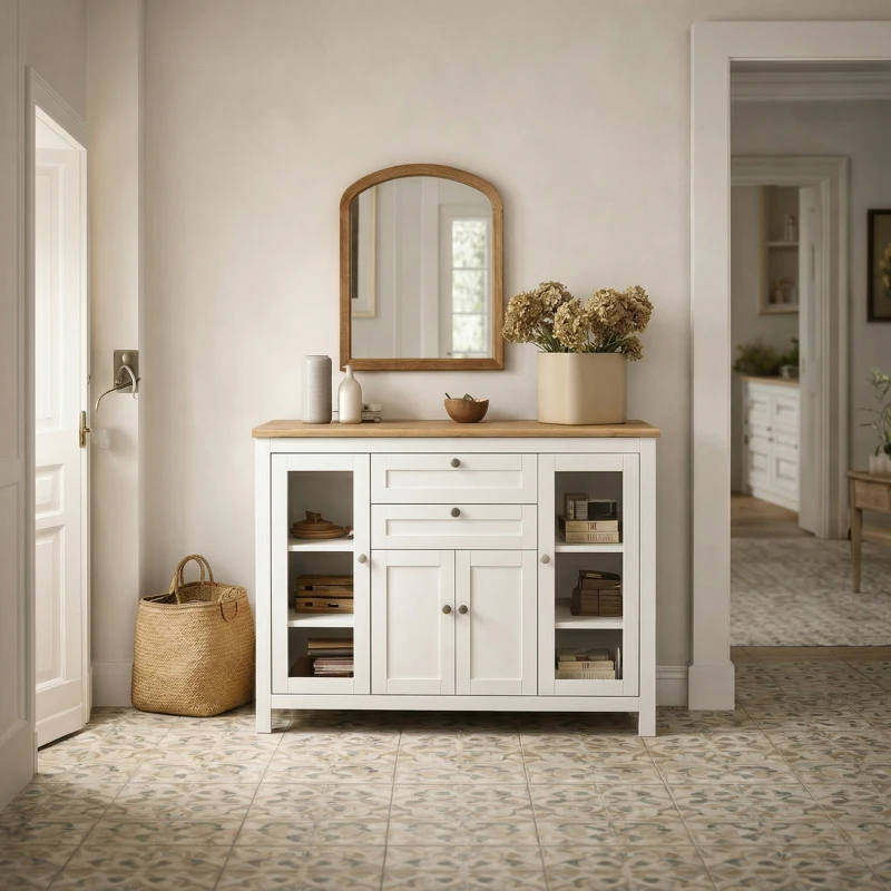 HOMCOM Buffet salon, meuble de rangement avec 1 placard double porte, 2 placards à porte vitrée, 2 tiroirs et étagère réglable, style moderne, buffet salle à manger et cuisine, 120x40x90cm, blanc(m-2)