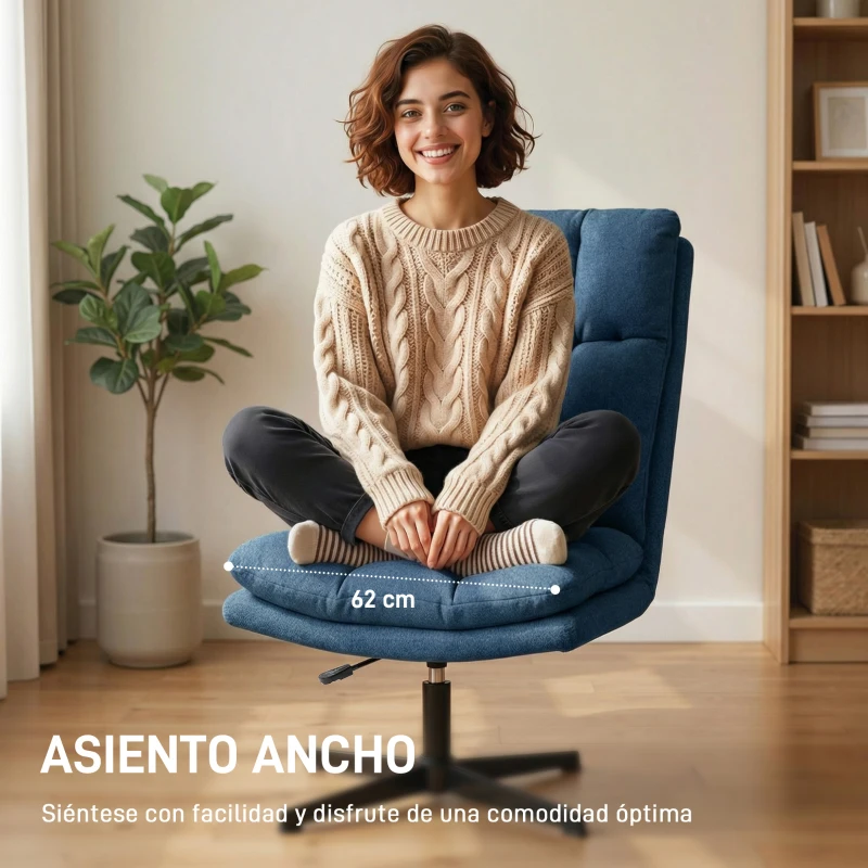 HOMCOM Butaca de Salón Giratorio 360° Altura Ajustable Asiento Ancho Tapizado en Lino Base de Metal Azul Oscuro