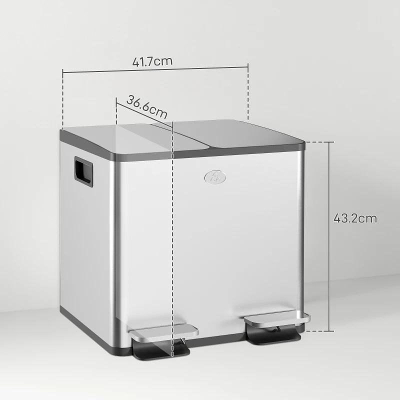 HOMCOM 30L Dual Compartment Stainless Steel Bin, with Deodoriser Holders - Silver Tone
