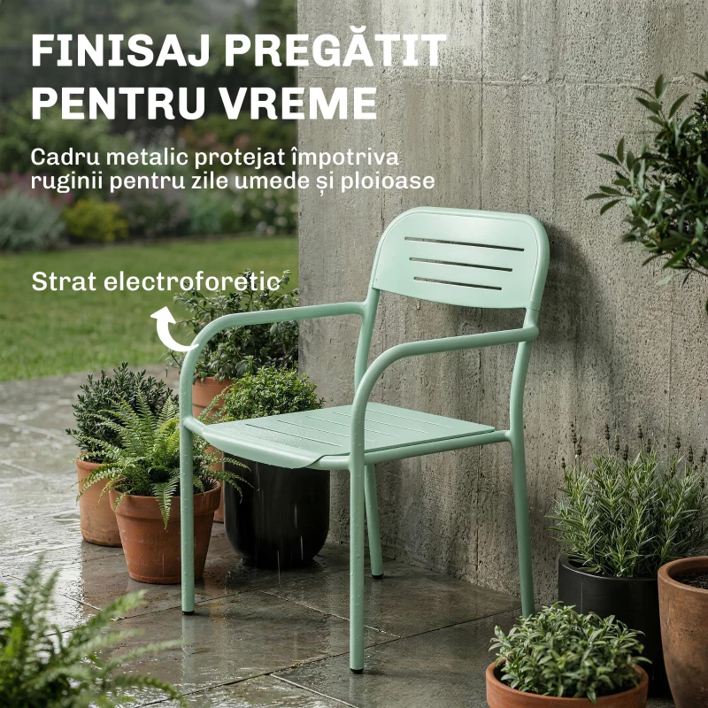 Outsunny Set de 2 Scaune de Grădină, Scaune de Exterior Stivuibile cu Cotiere din Metal, Verde