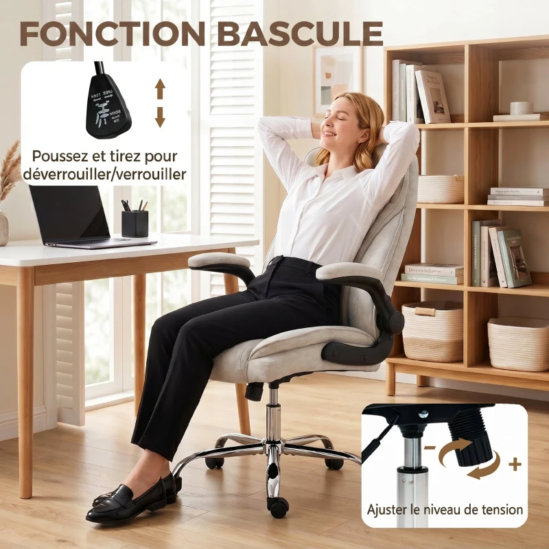 HOMCOM Fauteuil de bureau, chaise bureau ergonomique, hauteur réglable, accoudoirs relevables, 70 x 70 x 114-122 cm, beige