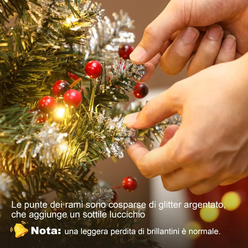 HOMCOM Albero di Natale Illuminato con 200 Luci LED, 42 Pigne e 42 Grappoli di Bacche, Ø65x180 cm, Verde e Argento
