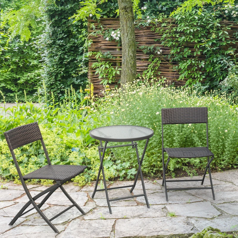 Outsunny Conjunto de Muebles de Jardín con Sillas Plegables y Mesa de Vidrio para Terraza Patio Marrón