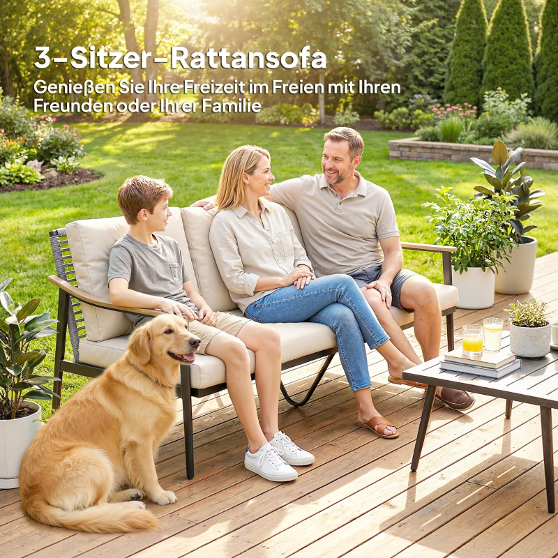 Outsunny Gartensofa 3-Sitzer Rattan Loungesofa mit abnehmbar Kissen Holzoptik-Armlehnen Stahlrahmen Khaki