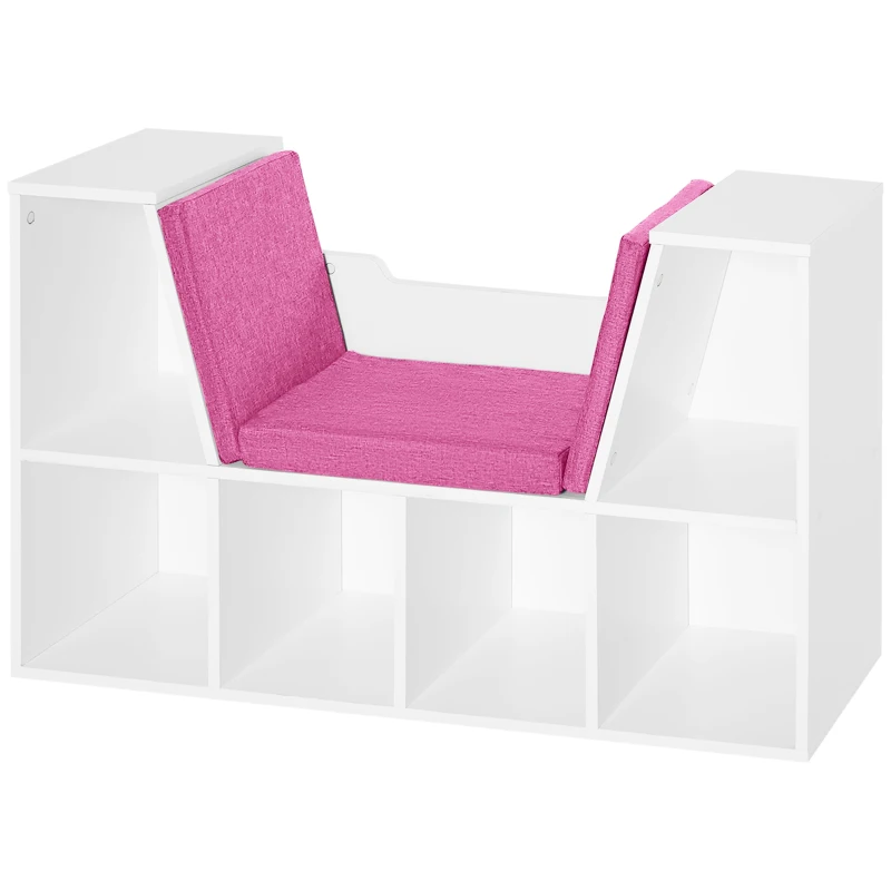 HOMCOM Librería con Asiento Estantería de Libros con 6 Cubos Cojín para Sala de Estar Dormitorio 102x30x61cm Blanco y Rosa