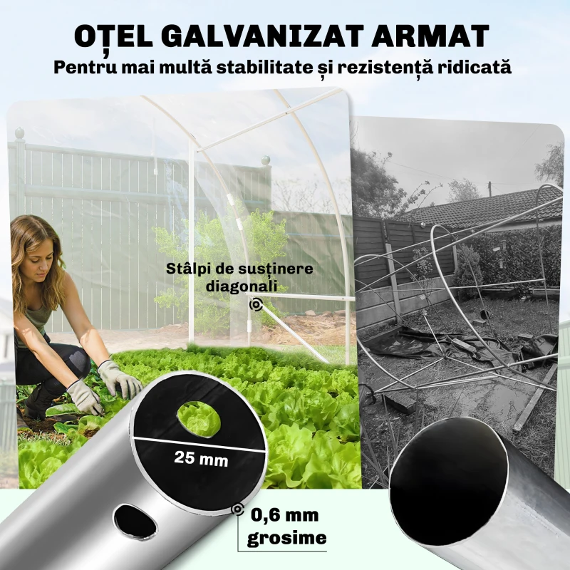 Outsunny Seră tunel 3x6x2 m cu uși rulabile, cadru din oțel și acoperire anti-UV din PE, transparentă