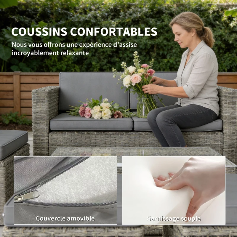 Outsunny Salon de Jardin en Résine Tressée Demi-Ronde 6 Pièces Encastrable Gain de Place 135x66x62cm Gris