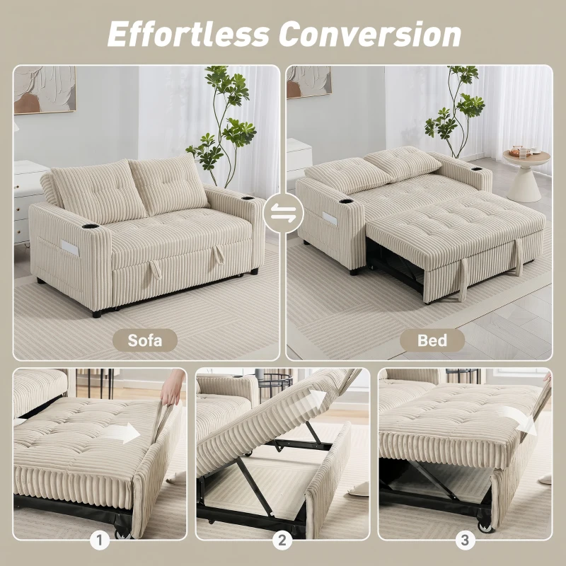 HOMCOM Corduroy Click Clack Sleeper Sofa with Pull Out Design, 2 Seater Sofa Bed, Cream White