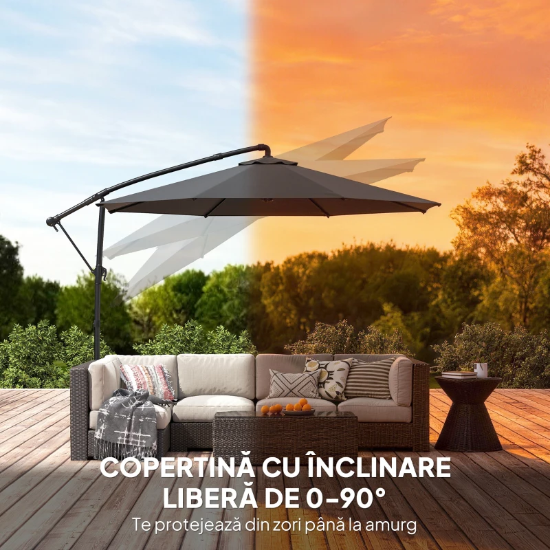 Outsunny Umbrelă suspendată 3x3 m cu baldachin reglabil, bază încrucișată și ventilație, din metal și poliester, neagră