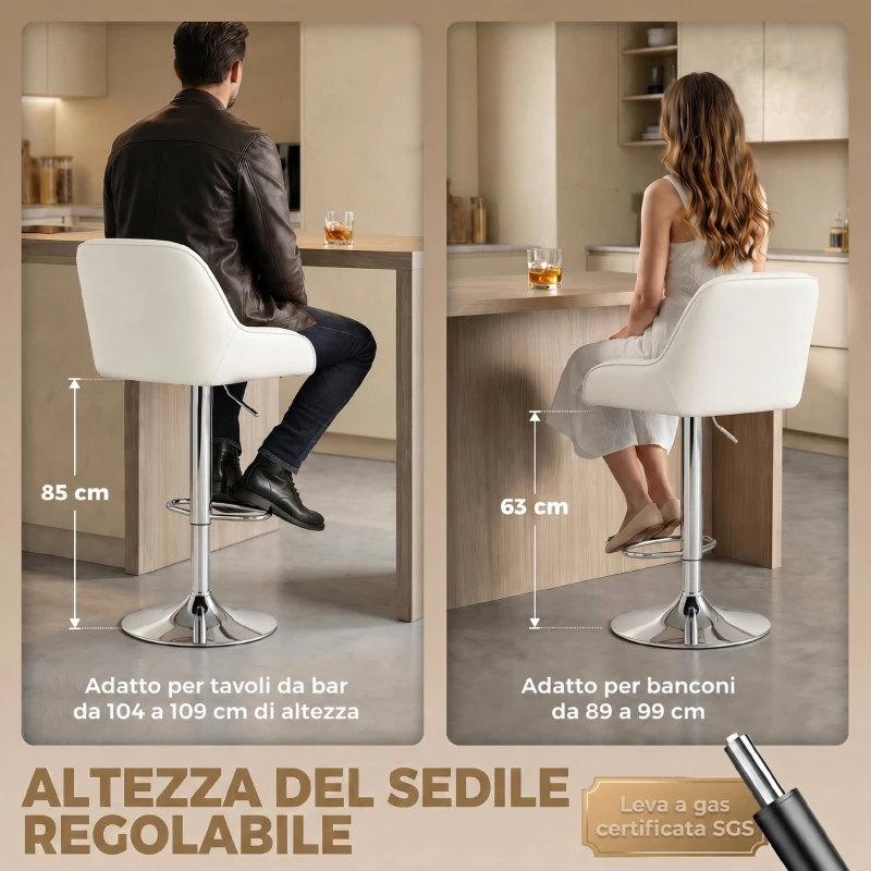 HOMCOM Set 2 Sgabelli da Bar con Schienale, Girevoli e Regolabili in Altezza, Finta Pelle, Bianco