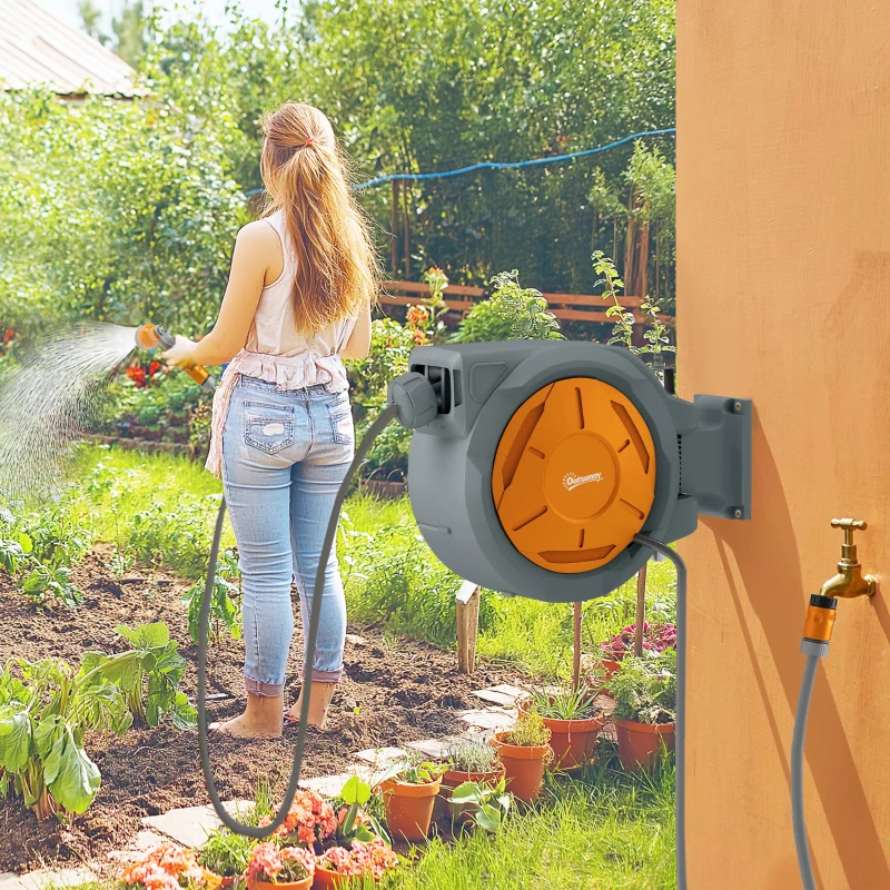 Outsunny Enrouleur Tuyau Arrosage Mural 30 m x Ø 15 mm Dévidoir Automatique de Tuyaux d'Eau Rétractable Automatique orange