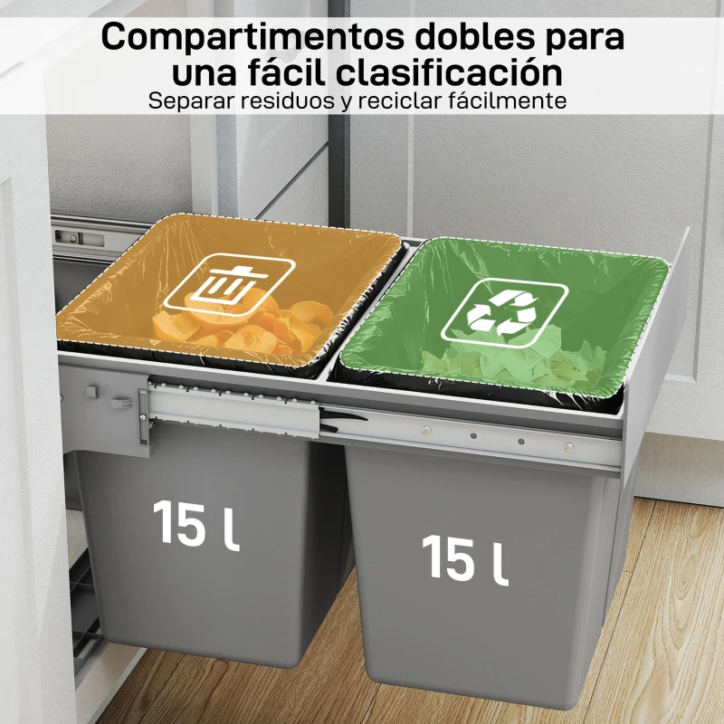 HOMCOM Cubo de Basura Extraíble bajo Fregadero con 2 Contenedores Capacidad Total 30L (15Lx2) Fijación Inferior Gris Claro