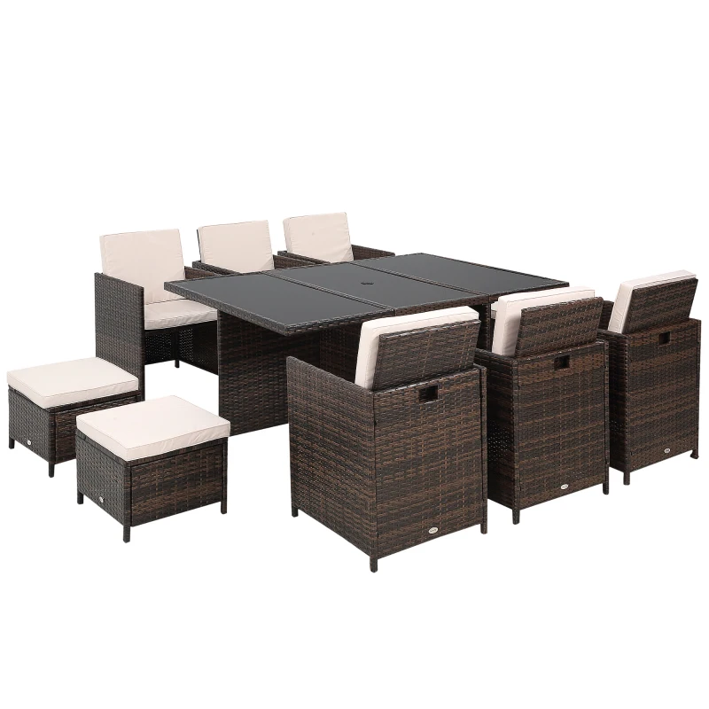 Outsunny 10 Seater Rattan Cube Garden Furniture Set with Parasol Hole, Rattan Dining Set with Cushions, Outdoor Dining Table and Chairs with Rectangular Glass Top Table for Patio, Mixed Brown