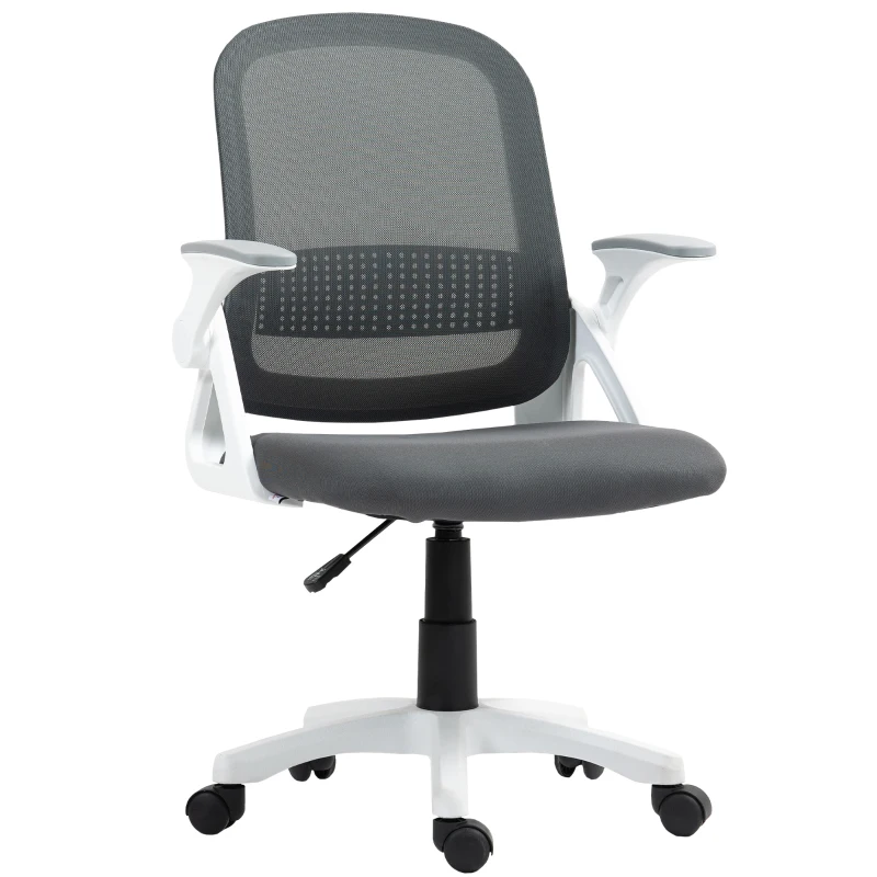 HOMCOM Atmungsaktiver Mesh-Bürostuhl, Ergonomischer Drehstuhl mit klappbaren Armlehnen und Lendenwirbelstütze, Grau