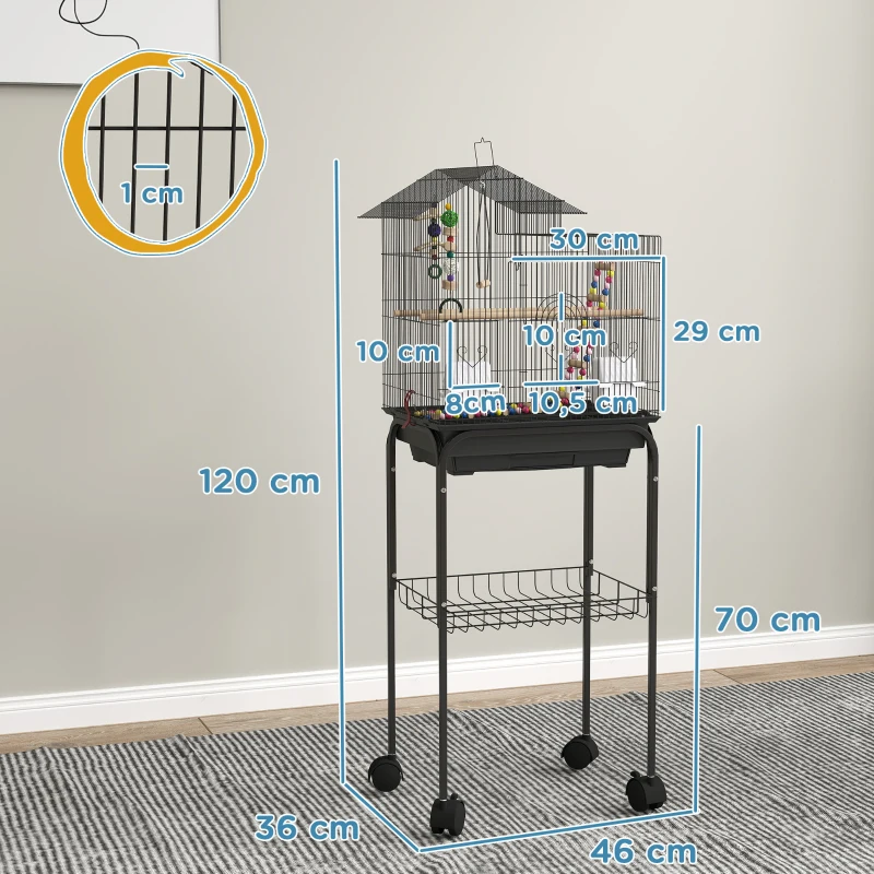 PawHut Gabbia per Uccelli con Piedistallo, Ruote Girevoli, Ripiano e Accessori, 46x36x120 cm, Nero