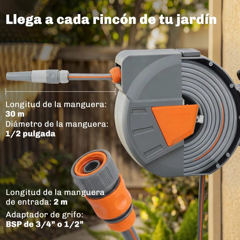 Outsunny Carrete de Manguera Retráctil 30+2 m con Boquilla de 2 Modos Bloqueo Automático y Retracción Controlada Soporte Naranja