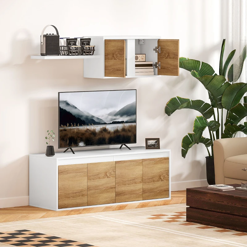 HOMCOM Set Dulap TV și Dulap Suspendat cu 7 Rafturi și Poliță Deschisă, din Lemn, 120x41x43.3 cm, Alb și Lemn Natural
